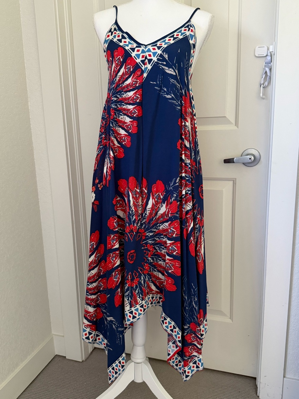 Jealous Tomato Navy & Red Asymmetrical Handkerchief-Hem Maxi Dress